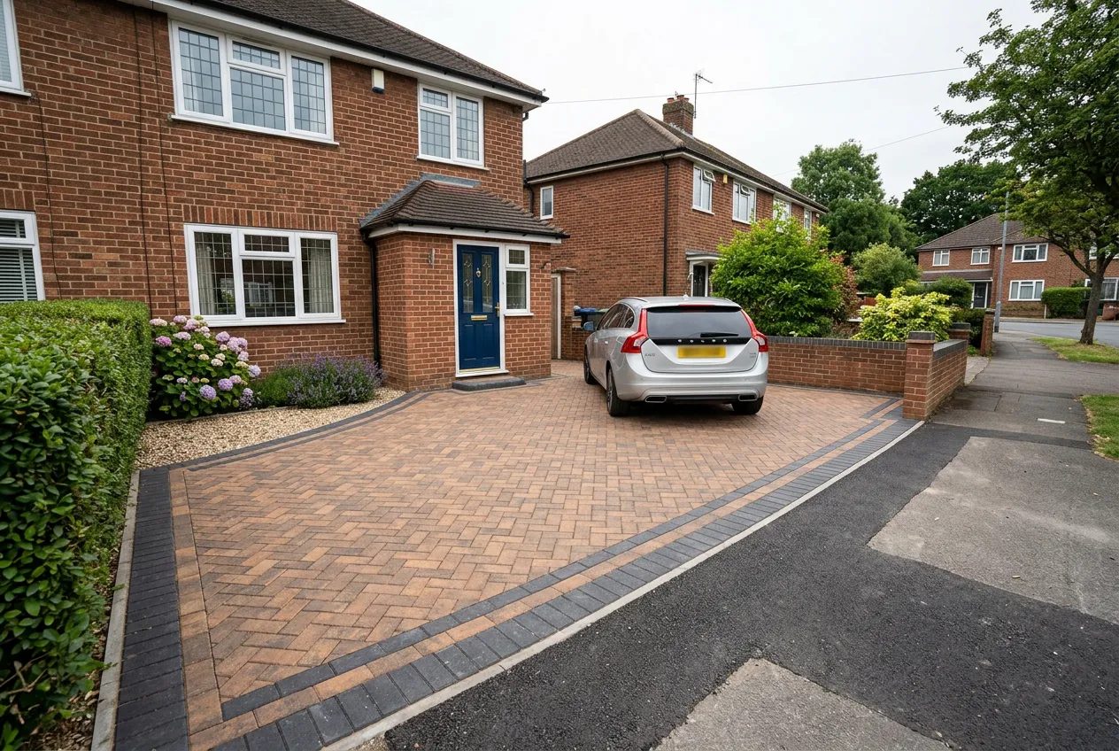 Brindle herringbone block paving driveway with charcoal border before a red-brick semi